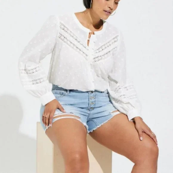 Torrid Cotton Clip Dot Lace Trim Long Sleeve Top NWT - Picture 1 of 5